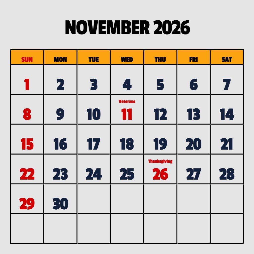 Cute November 2026 Calendar With Holidays Printable Wallpaper PDF Download