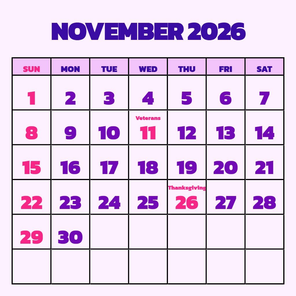 Custom November 2026 Calendar With Holidays Printable Planning PDF Download