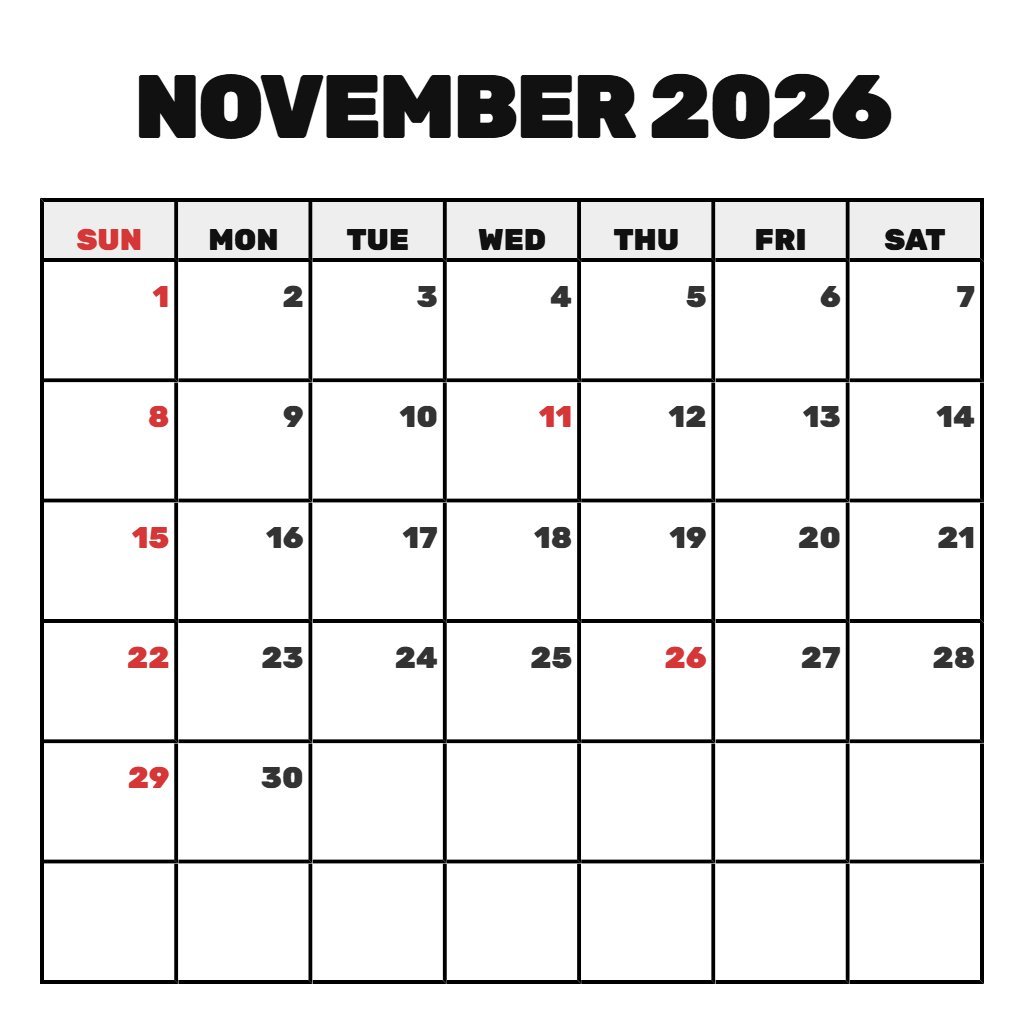 Custom November 2026 Calendar With Holidays Printable Free Notes PDF Download