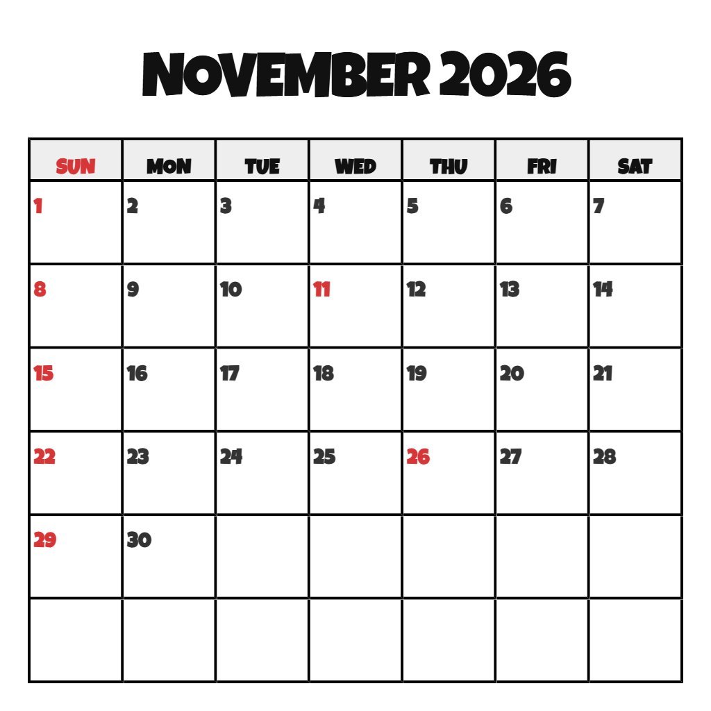 Cute November 2026 Calendar With Holidays Printable Free Notes PDF Download