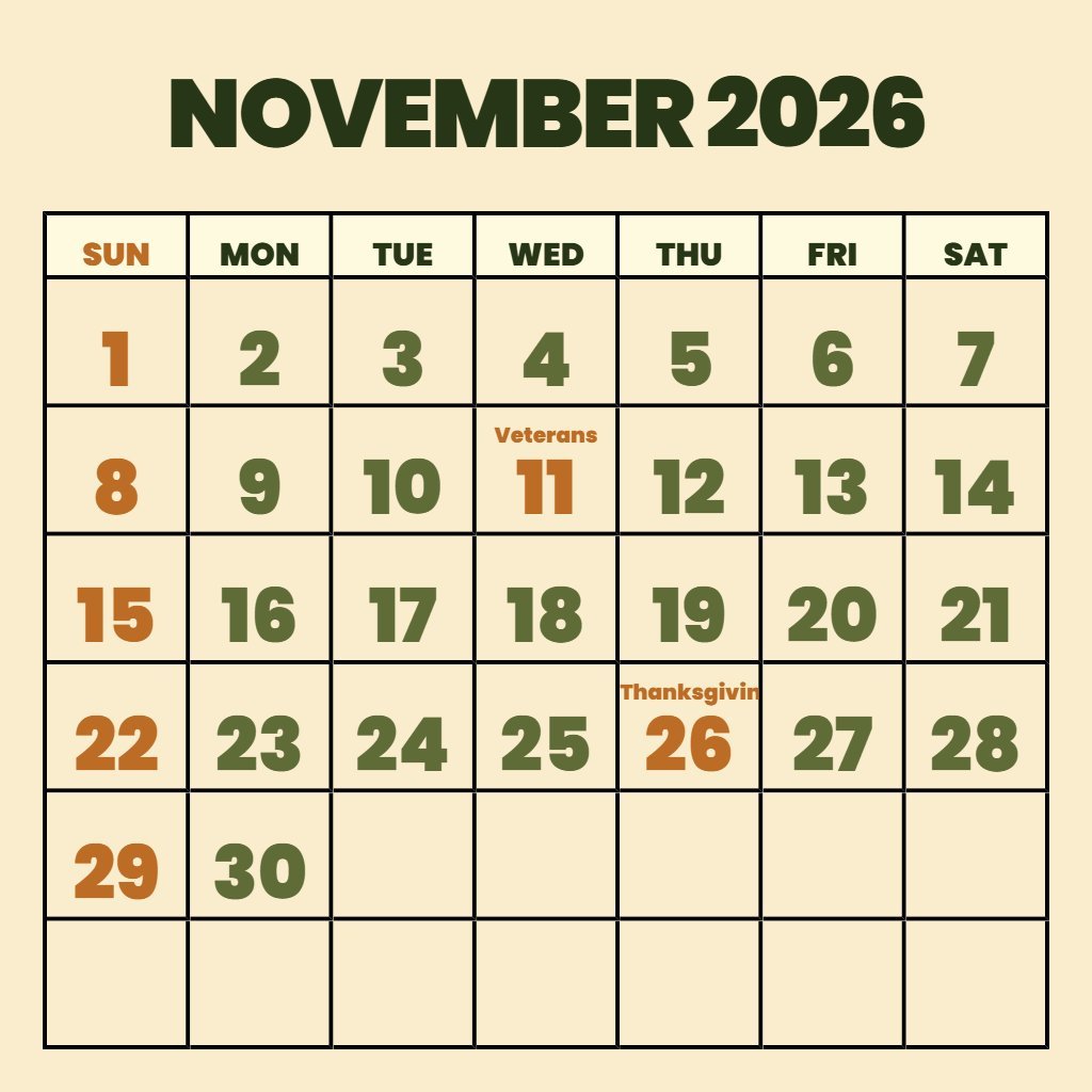 Free November 2026 Calendar With Holidays Printable Free Wallpaper PDF Download