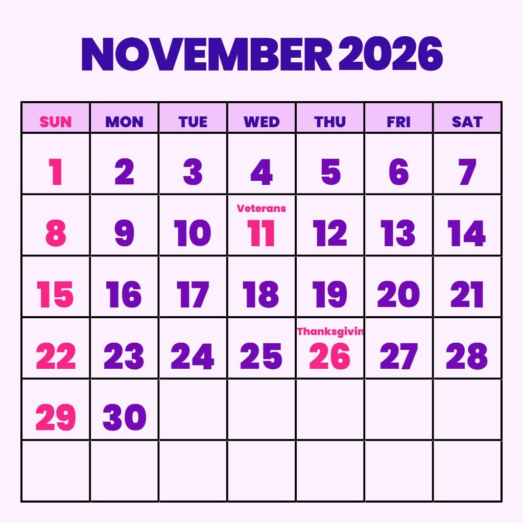 Custom November 2026 Calendar With Holidays Printable Free Notes PDF Download