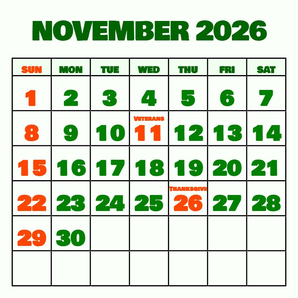 Cute November 2026 Free Printable Calendar Schedule PDF Download