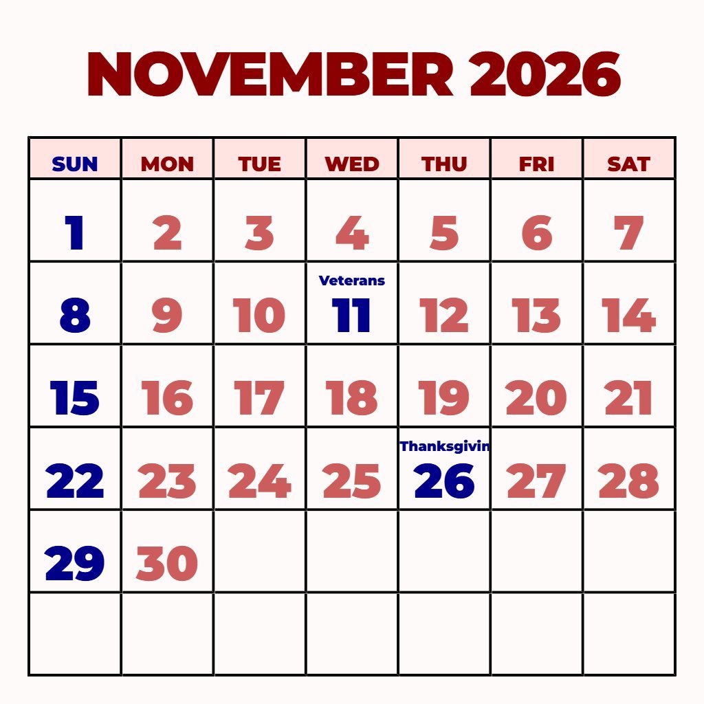 Free November 2026 Free Printable Calendar Schedule PDF Download