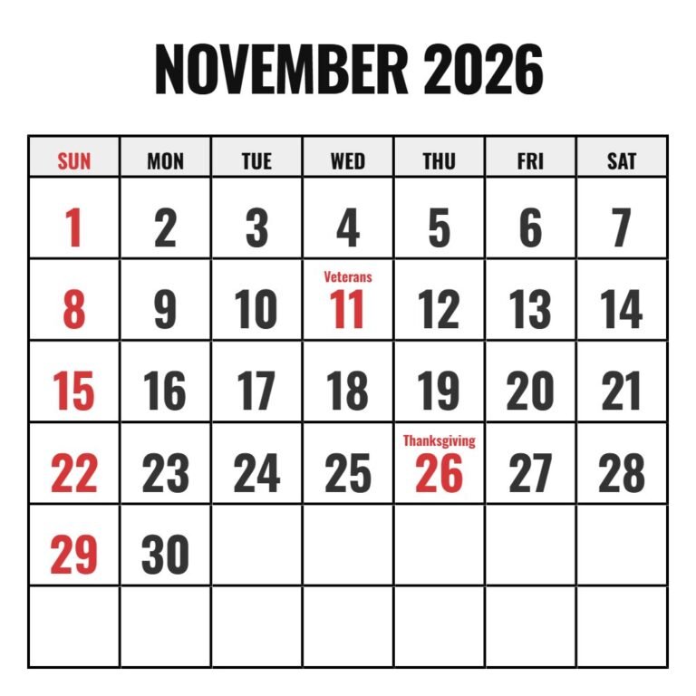 November 2026 Free Printable Calendar PDF Download