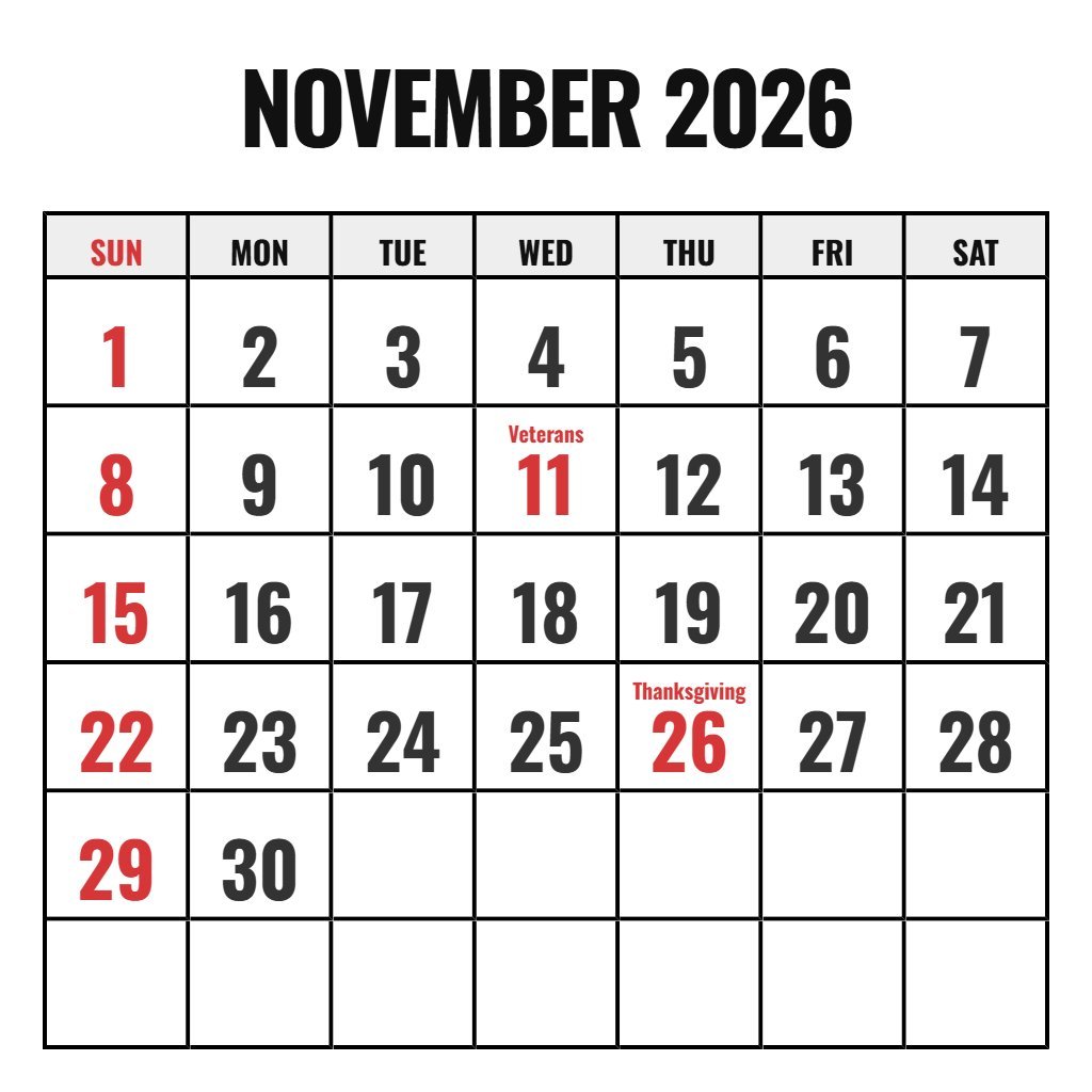 November 2026 Free Printable Calendar PDF Download