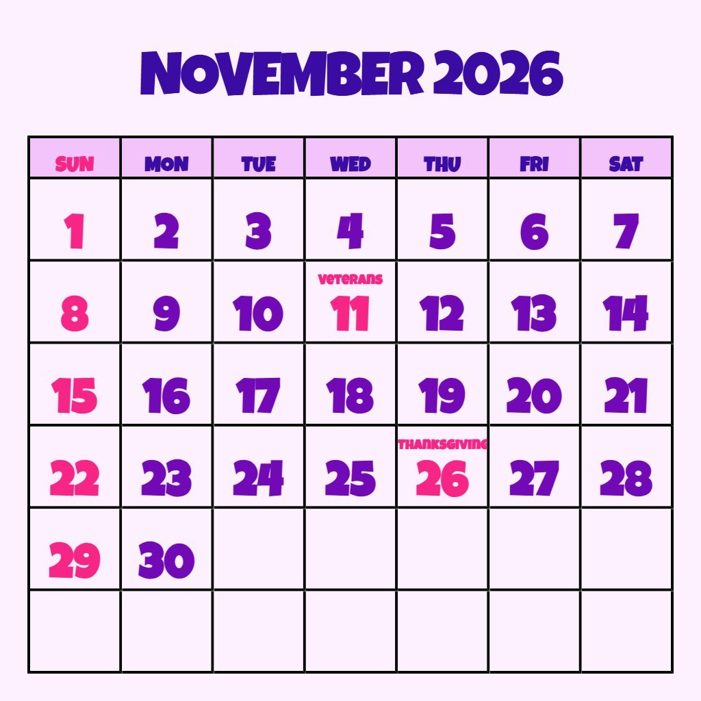 Cute November 2026 Printable Calendar Free Notes PDF Download