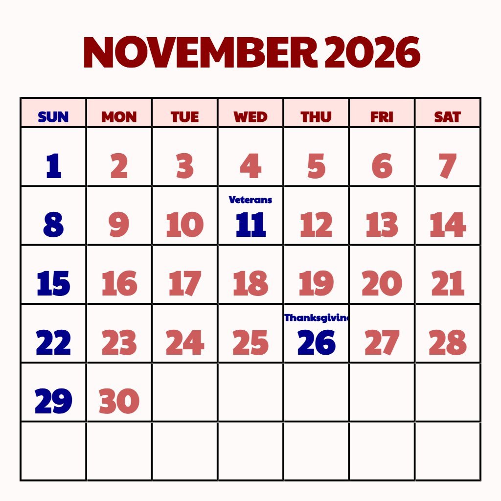 Custom November 2026 Printable Calendar Free Planning PDF Download