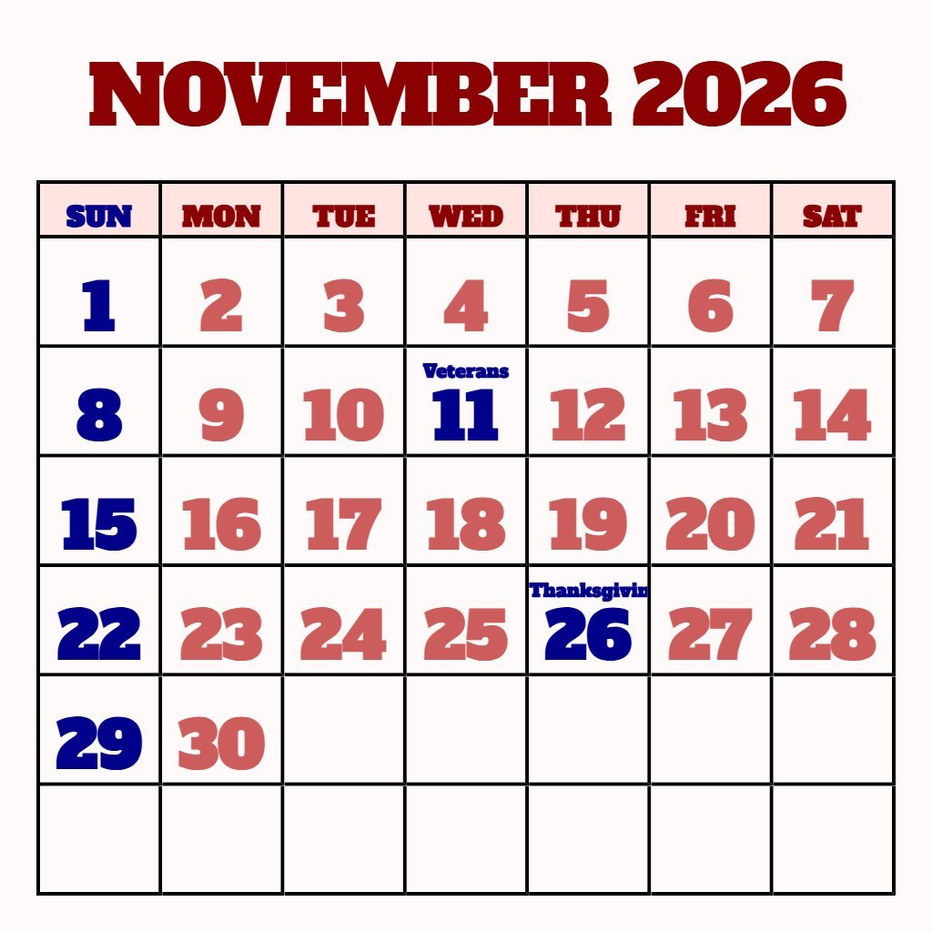 Free November 2026 Printable Calendar Printabulls Notes PDF Download