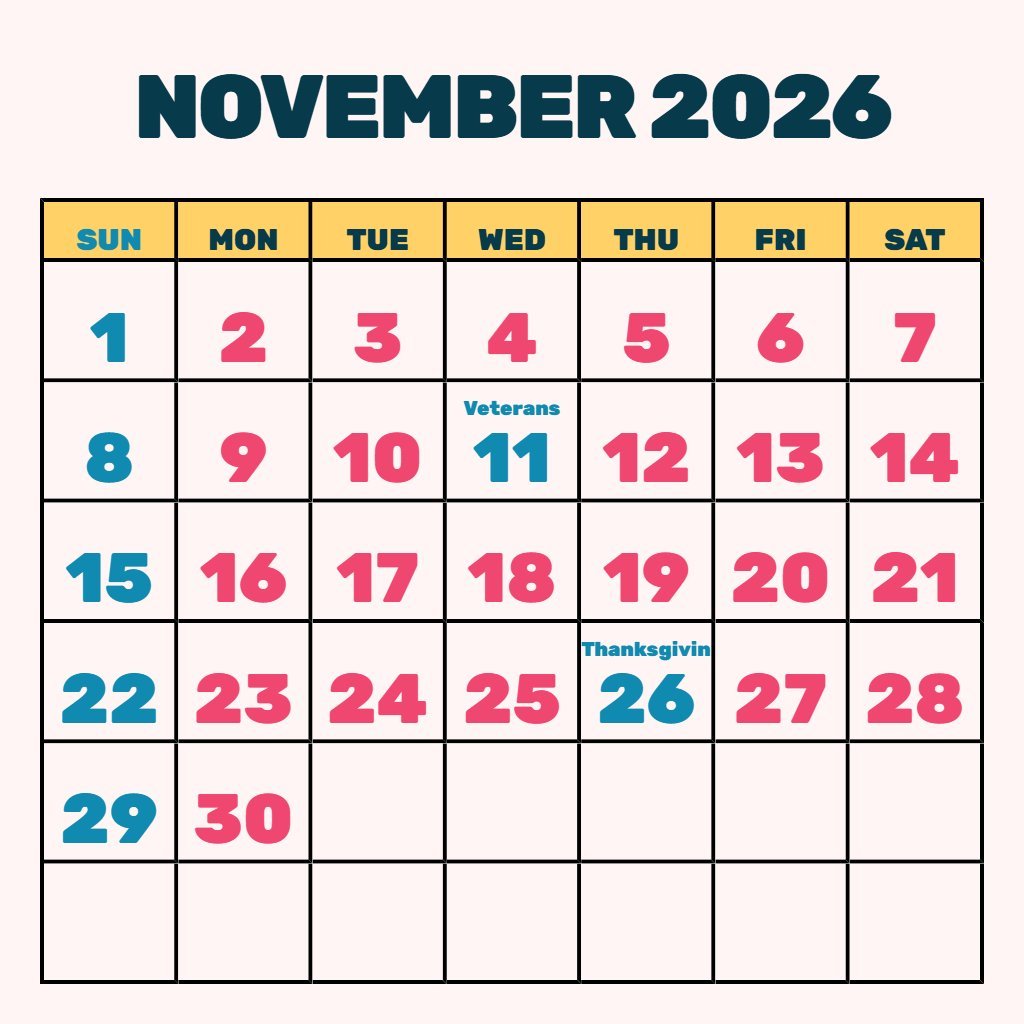 Cute November Calendar 2026 Free Printable Planning PDF Download