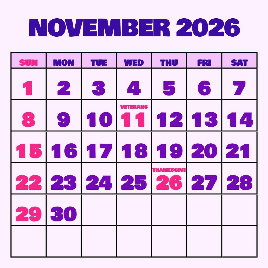 Editable November Calendar 2026 Printable Free Wallpaper PDF Download