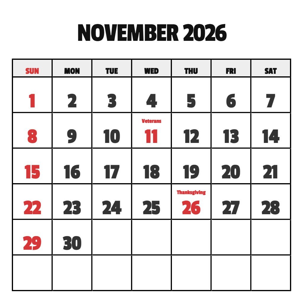 November Calendar 2026 Printable Free PDF Download