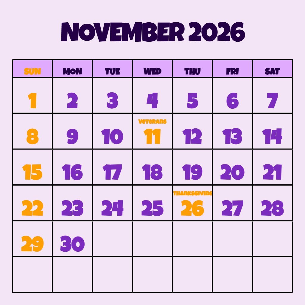 Custom November December 2026 Calendar Printable Notes PDF Download