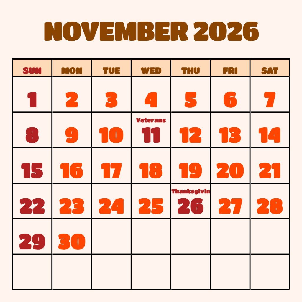 Free November December 2026 Calendar Printable Notes PDF Download