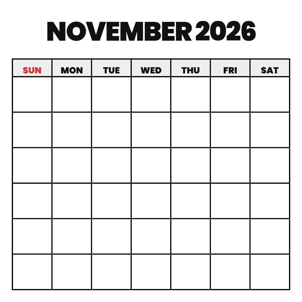 November Free Printable Calendar 2026 Blank PDF Download