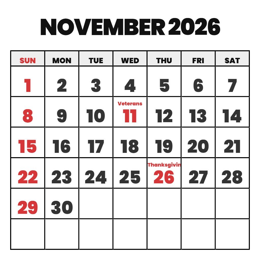November Free Printable Calendar 2026 PDF Download