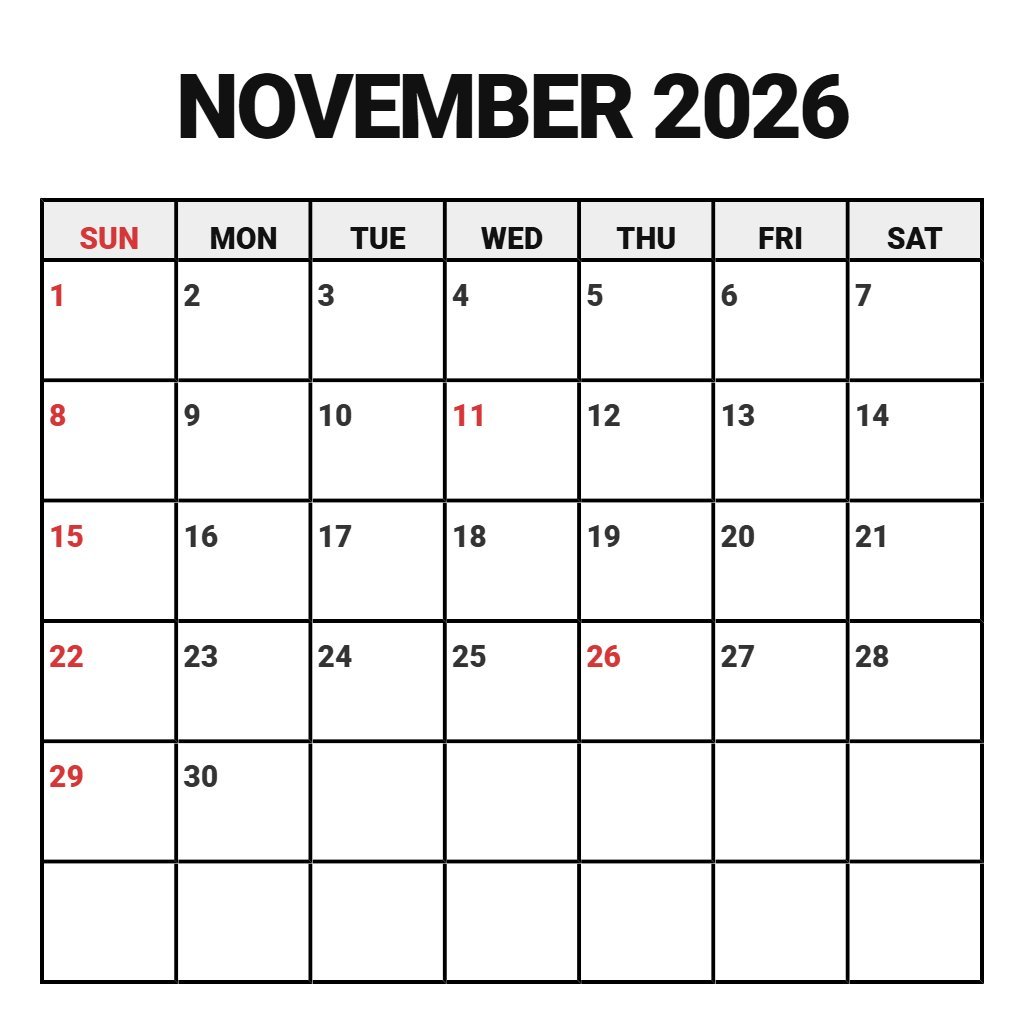 Editable November Printable Calendar 2026 Free Schedule PDF Download