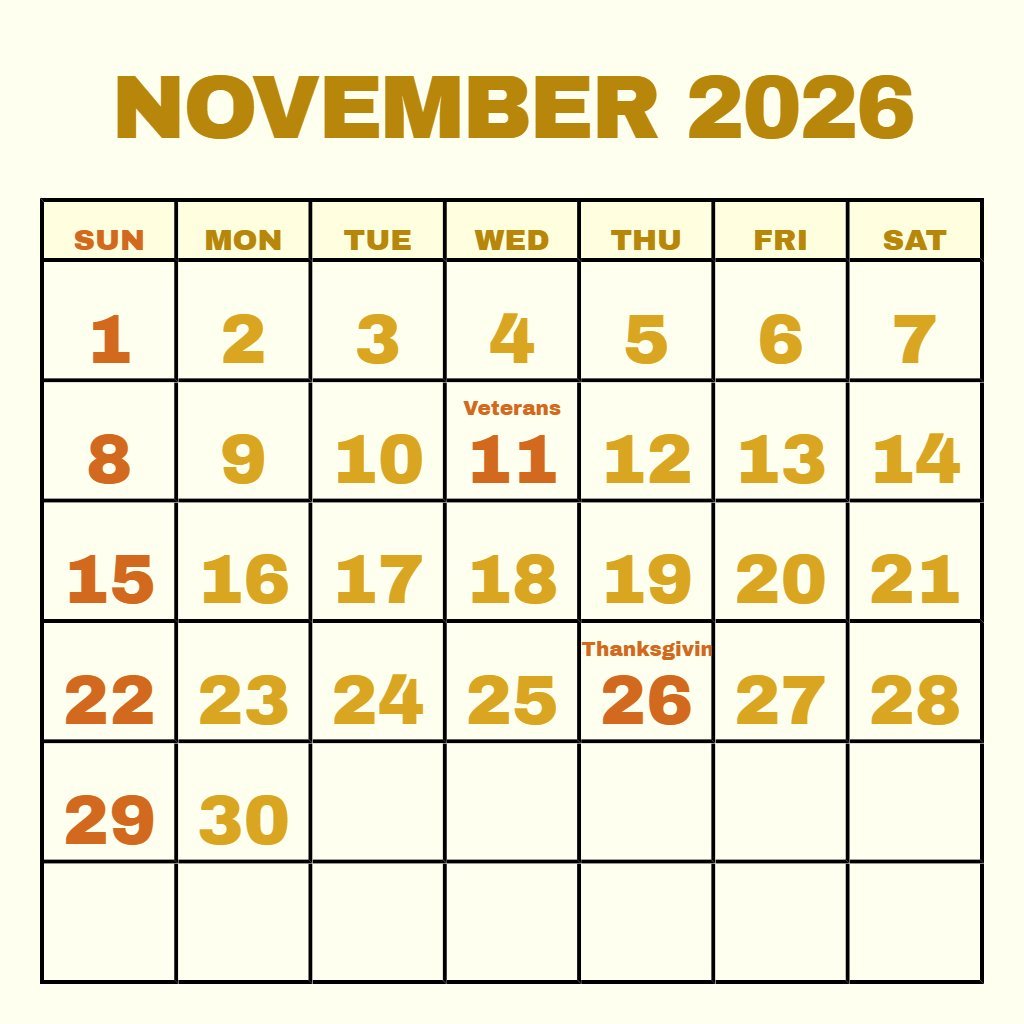 Editable November Printable Calendar 2026 Free Wallpaper PDF Download