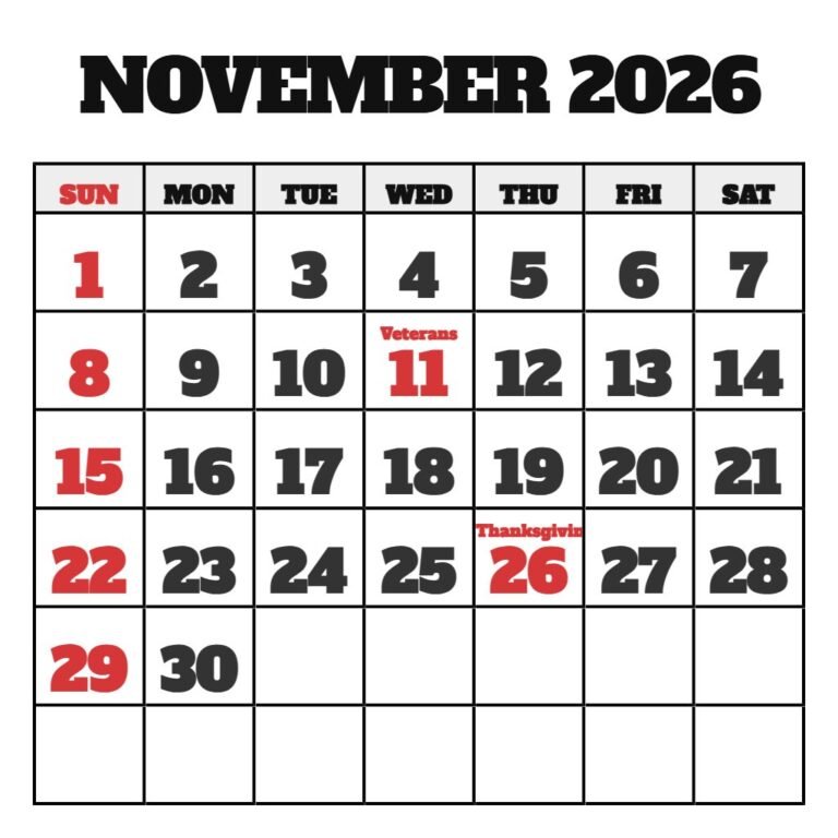 November Printable Calendar 2026 Free PDF Download