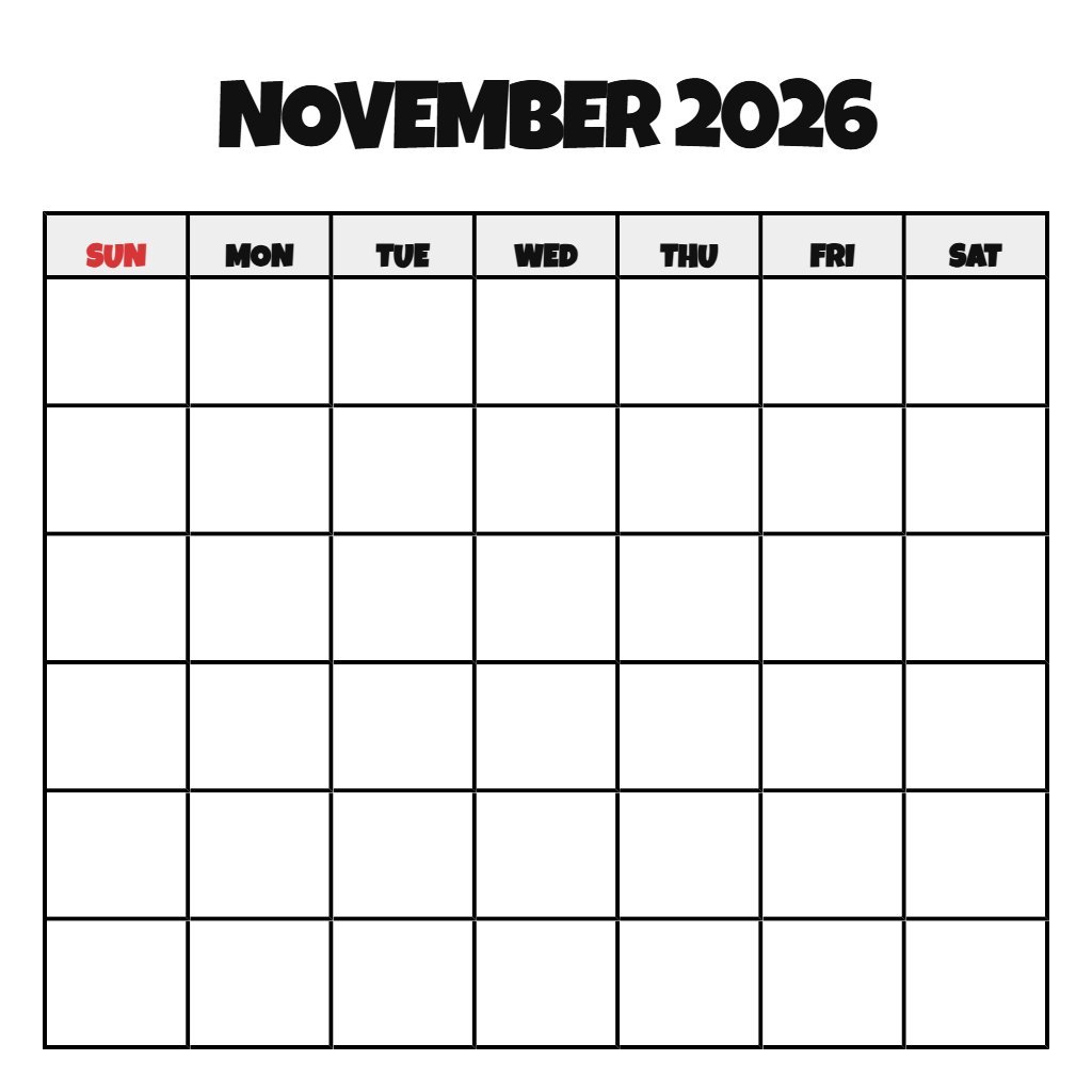 November Printable Calendar 2026 Free Blank PDF Download