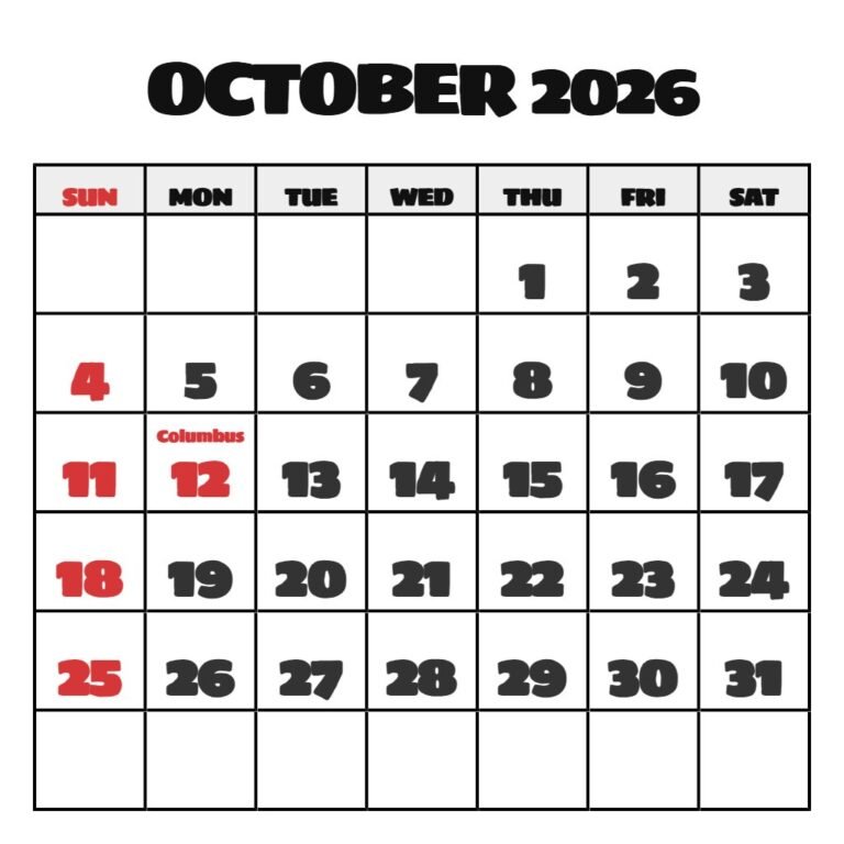 October 2026 Calendar Free Printable Pdf PDF Download