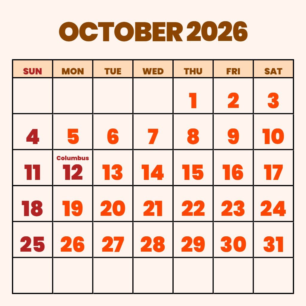 Custom October 2026 Calendar Printable Free Notes PDF Download