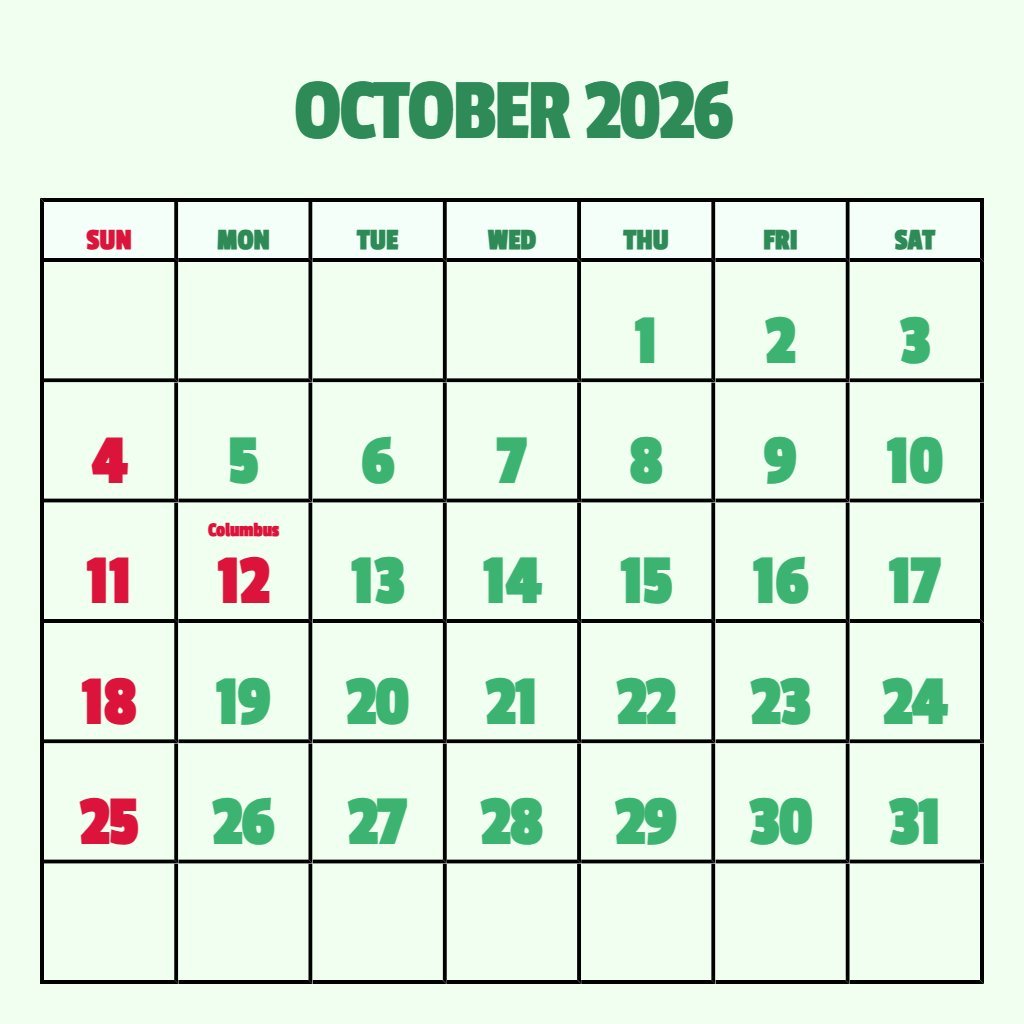 Custom October 2026 Calendar Printable Pdf Planning PDF Download
