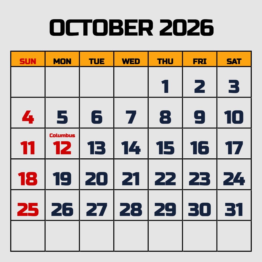 Free October 2026 Calendar With Holidays Printable Schedule PDF Download