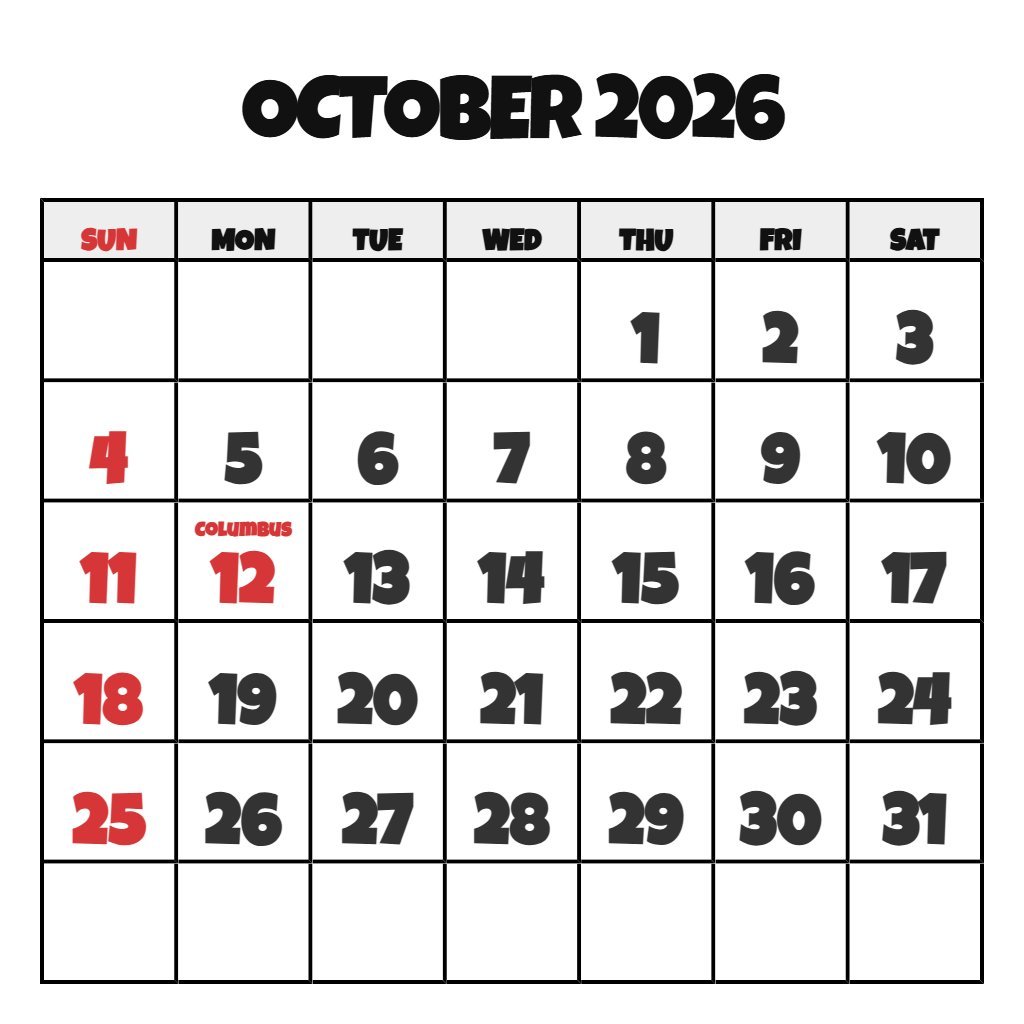 October 2026 Calendar With Holidays Printable PDF Download