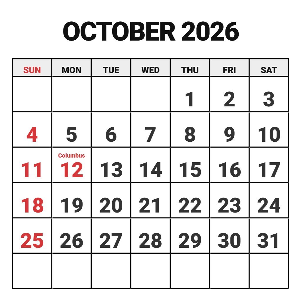 October 2026 Free Calendar Printable PDF Download