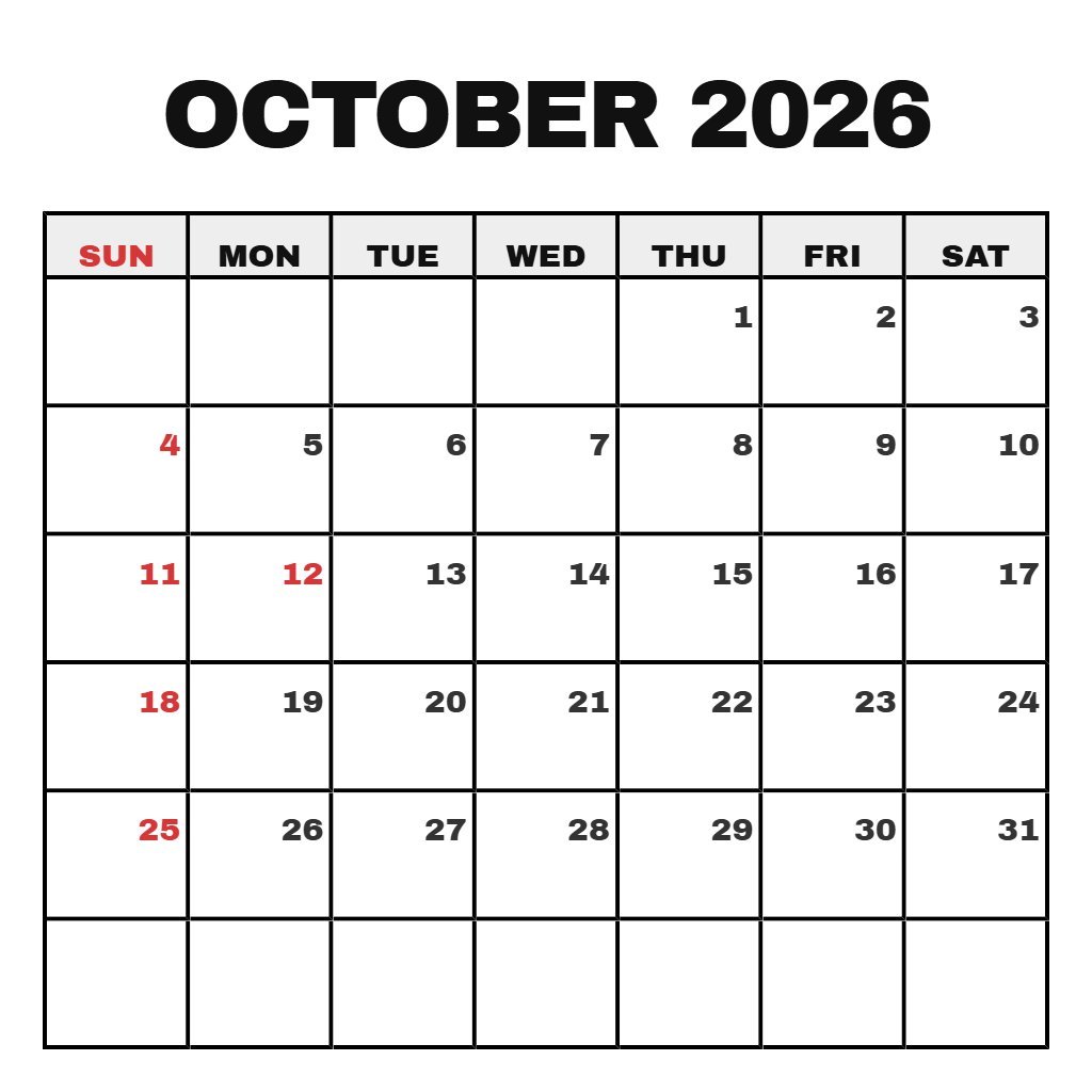 Cute October 2026 Free Printable Calendar Schedule PDF Download