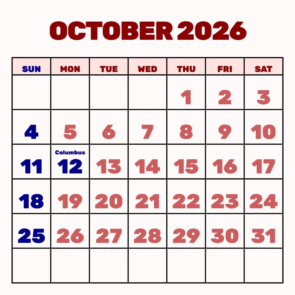 Custom October 2026 Free Printable Calendar Planning PDF Download