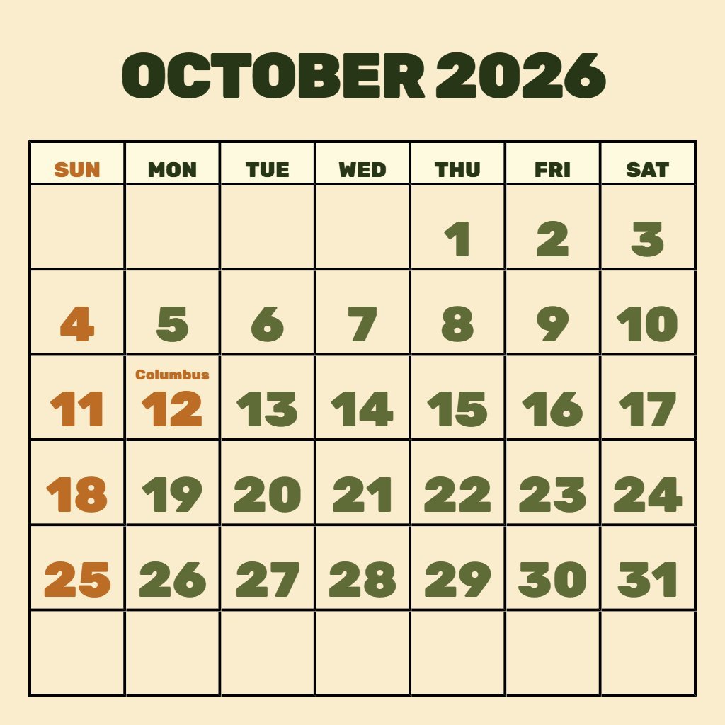 Free October 2026 Free Printable Calendar Schedule PDF Download