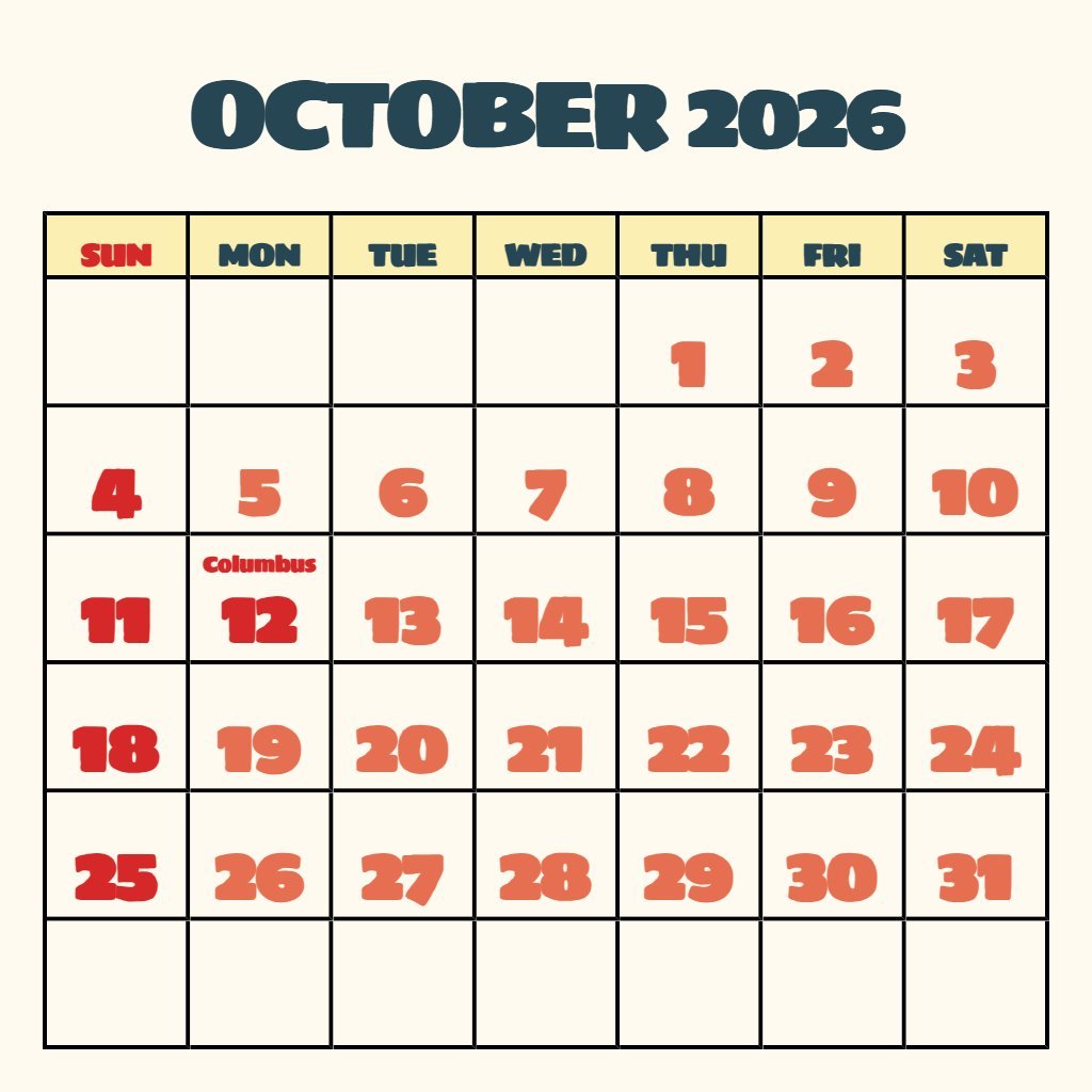 Cute October 2026 Monthly Calendar Printable Planning PDF Download