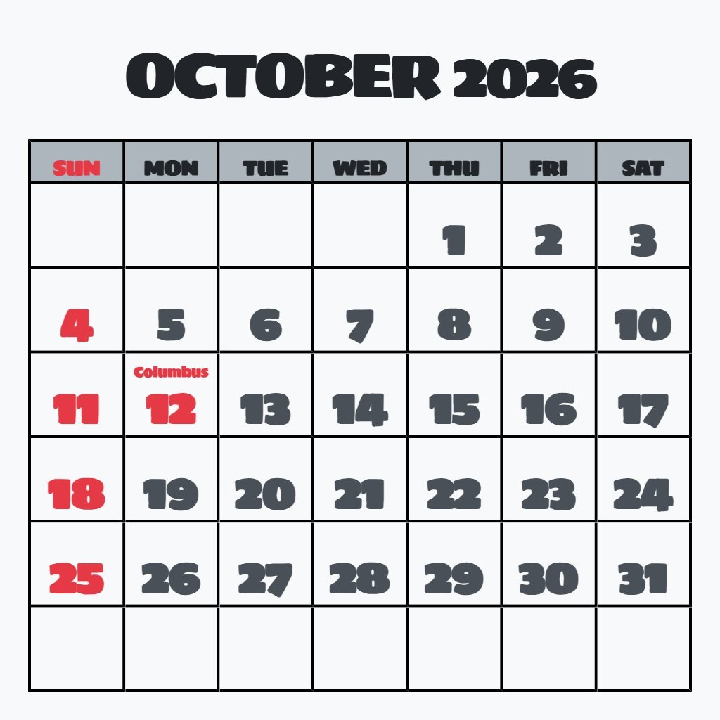 Custom October 2026 Monthly Calendar Printable Wallpaper PDF Download