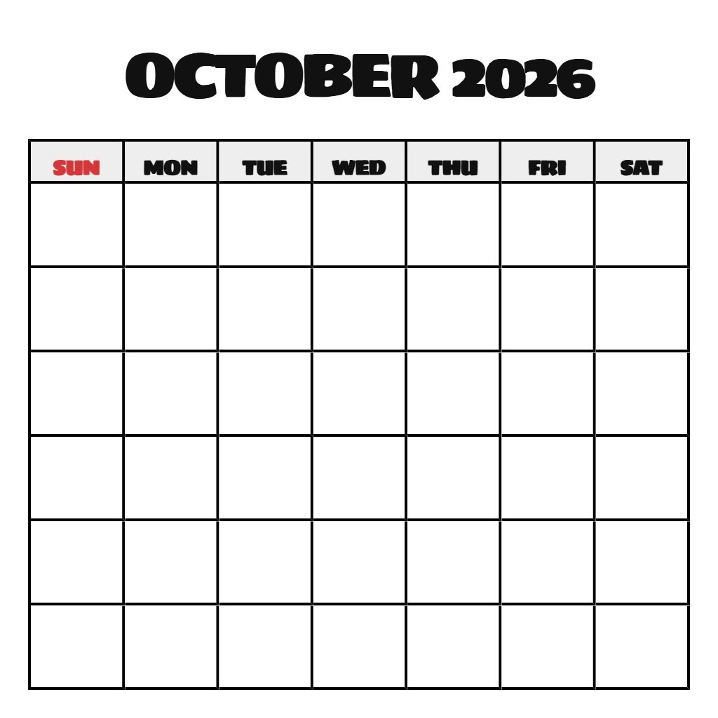 October 2026 Monthly Calendar Printable Blank PDF Download