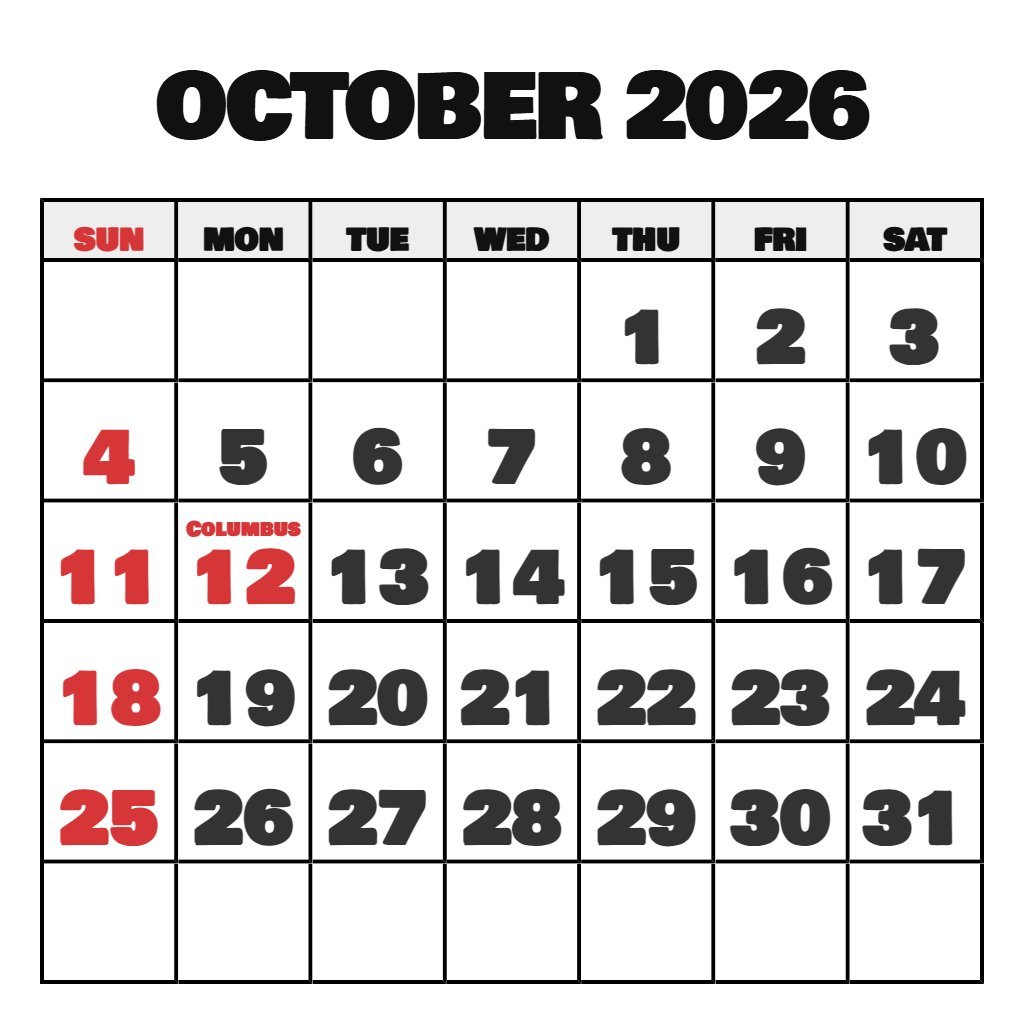 October 2026 Monthly Calendar Printable PDF Download