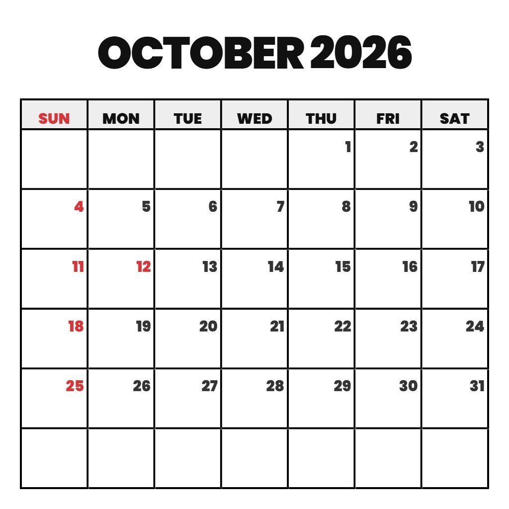Custom October 2026 Printable Calendar Free Notes PDF Download