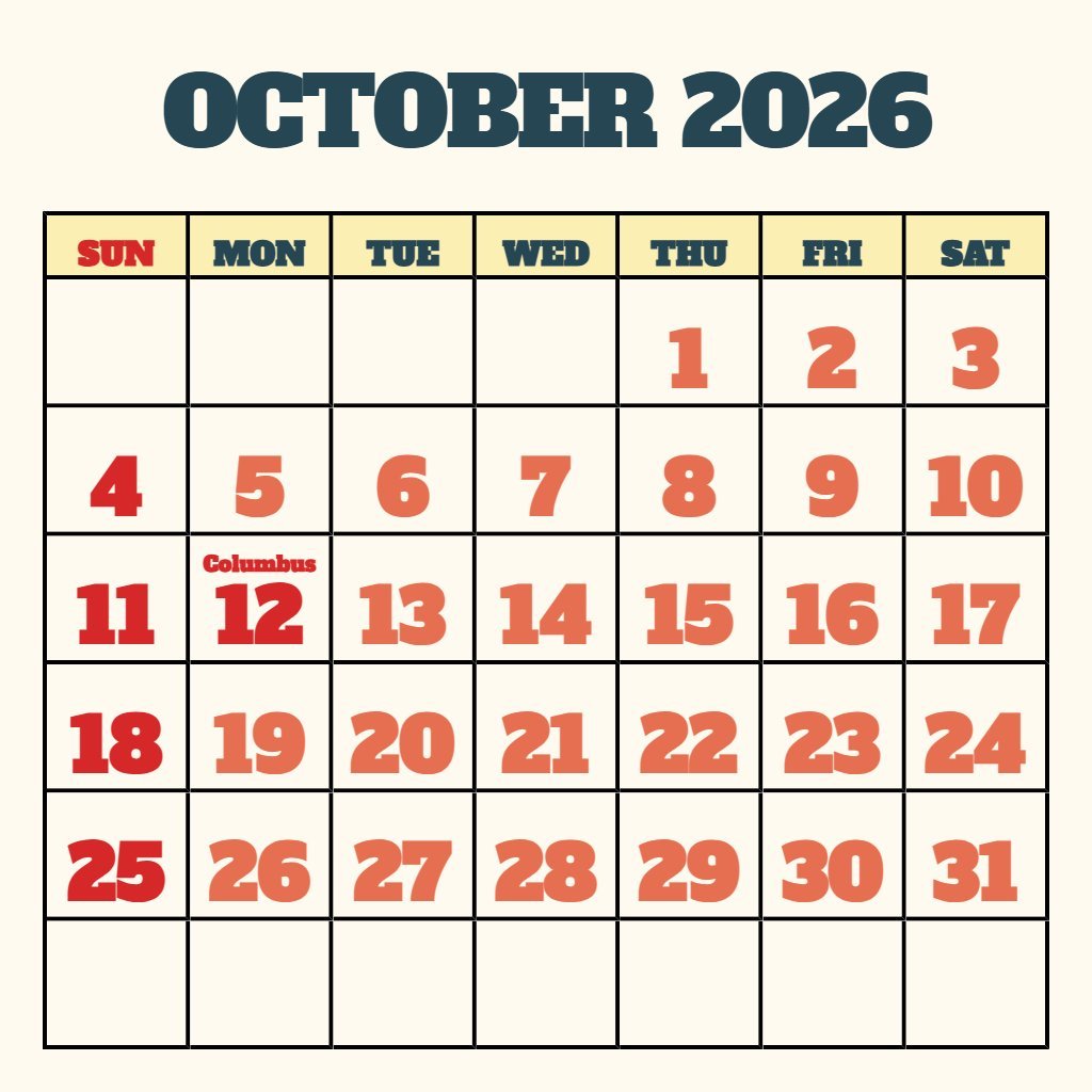 Cute October 2026 Printable Calendar Free Planning PDF Download