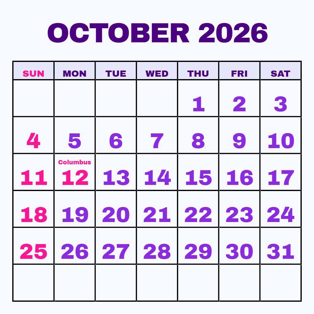 Editable October 2026 Printable Calendar Free Wallpaper PDF Download