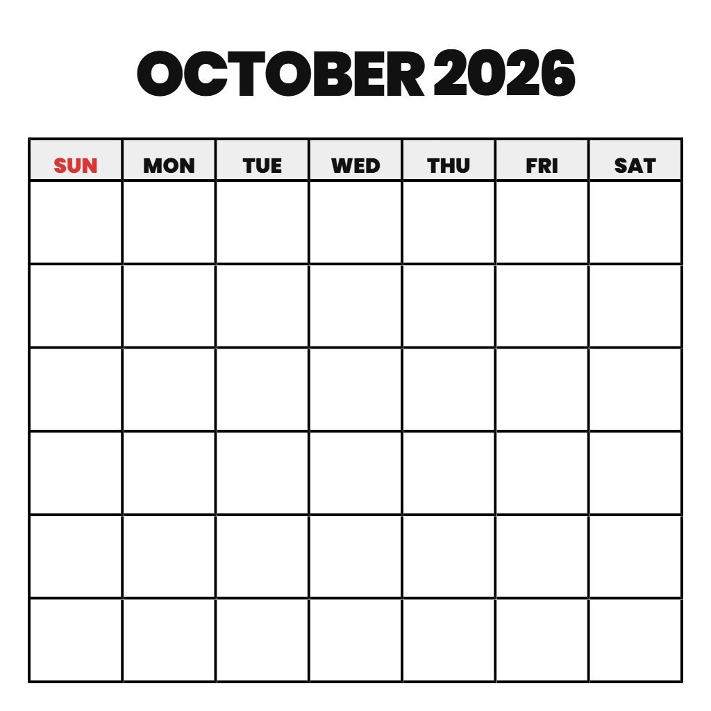 October 2026 Printable Calendar Free Blank PDF Download