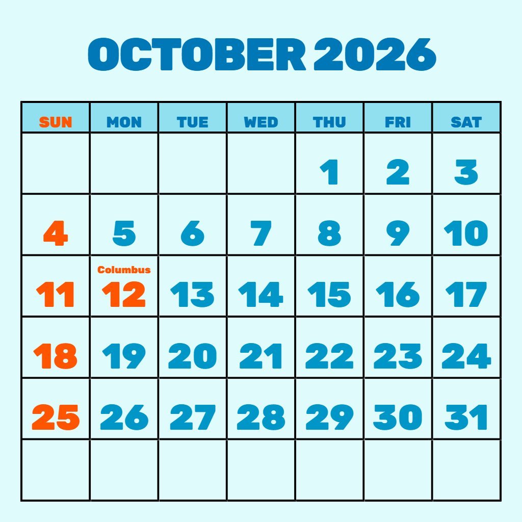 Editable October 2026 Printable Calendar Pdf Schedule PDF Download