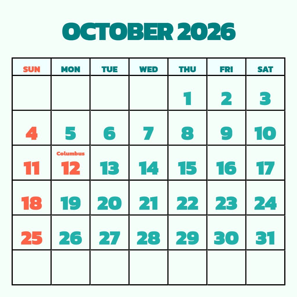 Custom October Calendar 2026 Free Wallpaper PDF