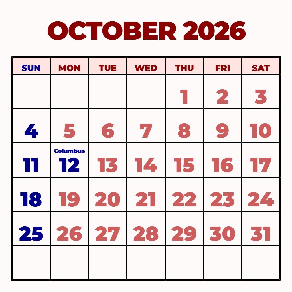 Free October Calendar 2026 Printable Free Schedule PDF Download