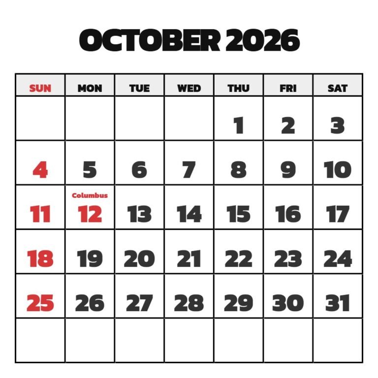 October Calendar 2026 Printable Free PDF Download