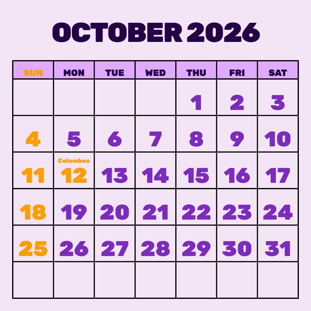 Cute October Calendar Free Printable 2026 Schedule PDF Download