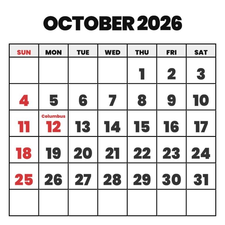 October Free Printable Calendar 2026 PDF Download