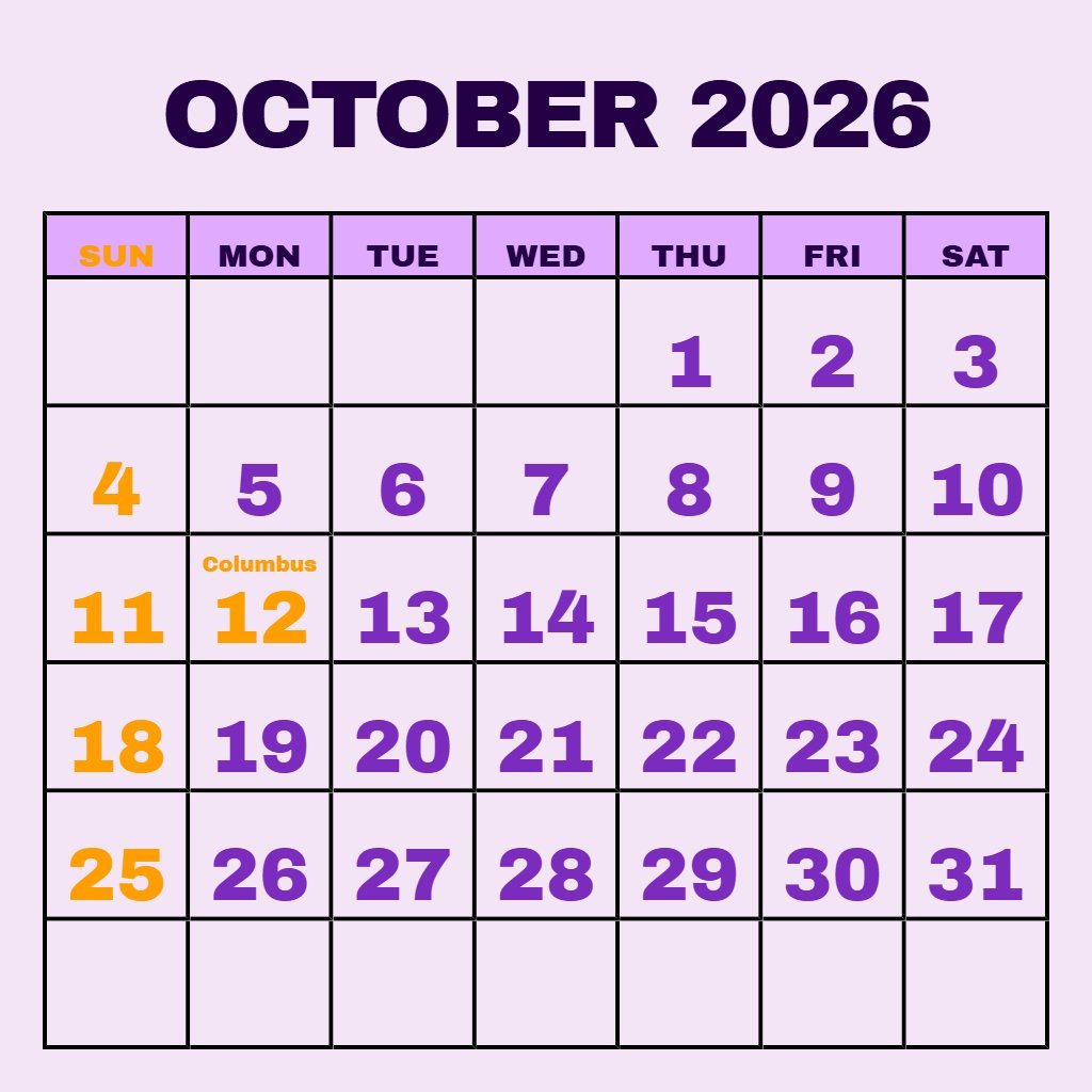 Custom October Printable Calendar 2026 Free Schedule PDF Download