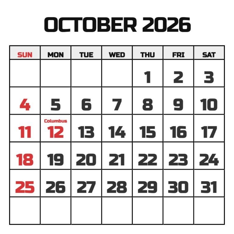 October Printable Calendar 2026 Free PDF Download