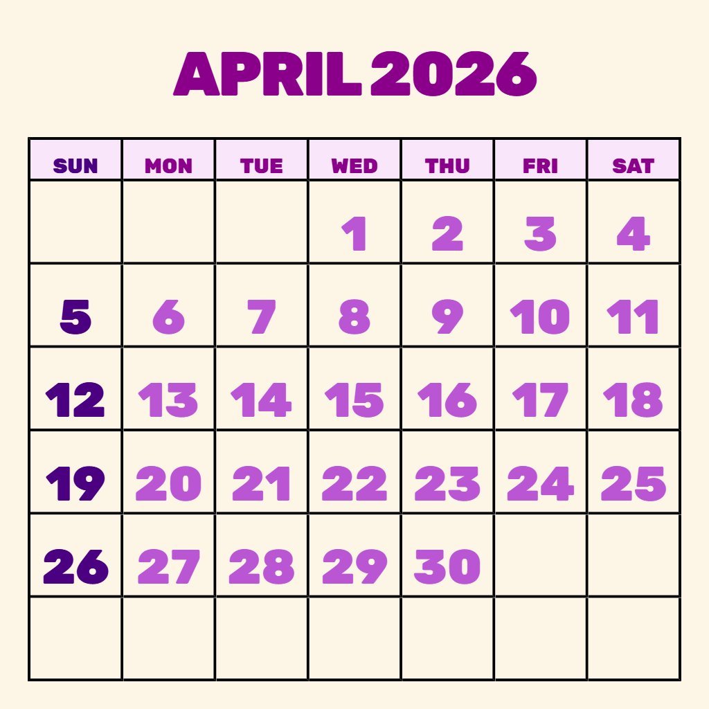 Free Printable April 2026 Calendar With Holidays Notes PDF Download